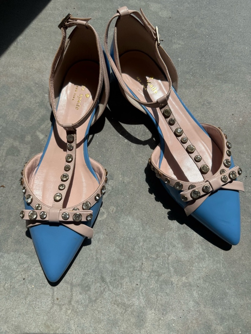 kate Spade Alice Blue Pointed Studded Pointed T-Strap Flats